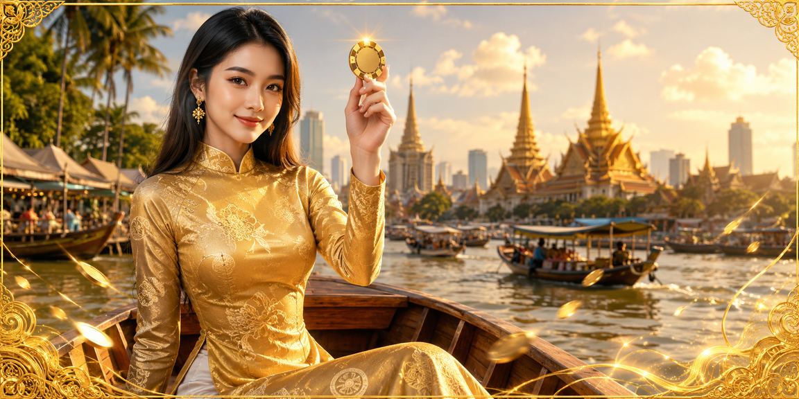 Người phụ nữ mặc áo dài bên sông Mekong sử dụng ứng dụng casino trên điện thoại